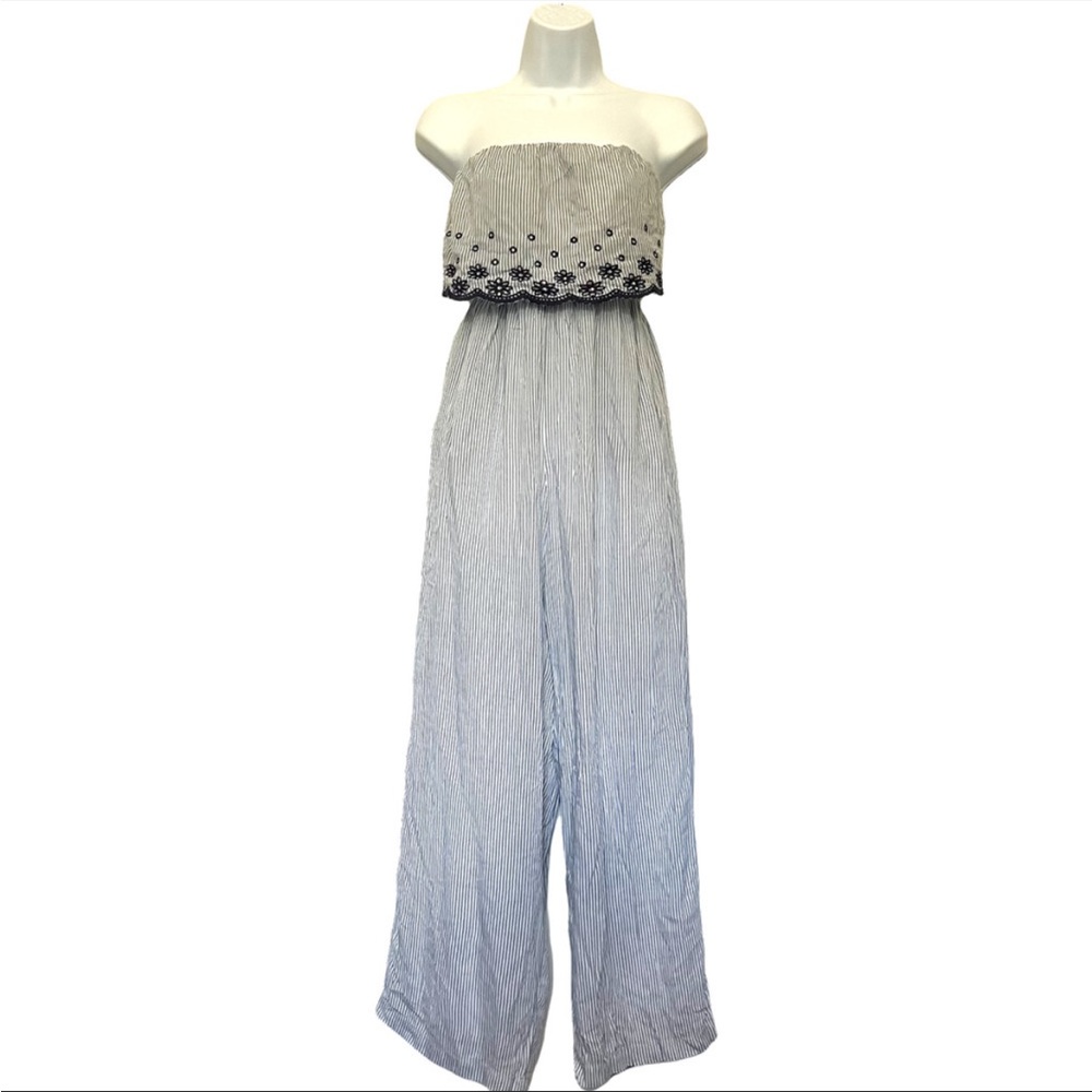 Women’s Blue and White Striped Strapless Jessica Simpson Jumpsuit Size Medium
